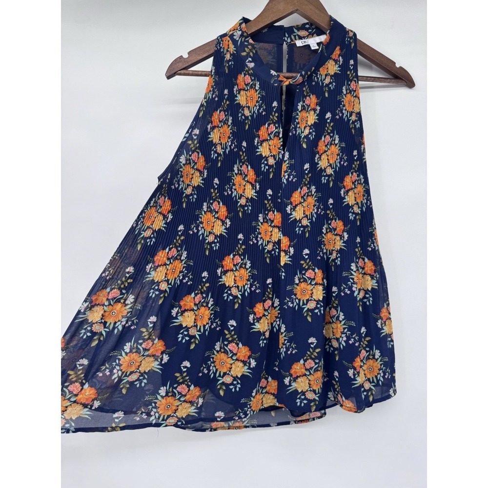 Chiffon Floral Pleated Sleeveless Keyhole Blouse Navy Orange L fairy cottage